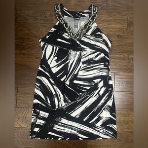 Bisou Bisou Black and White Abstract Pattern Dress with Beading Size 12